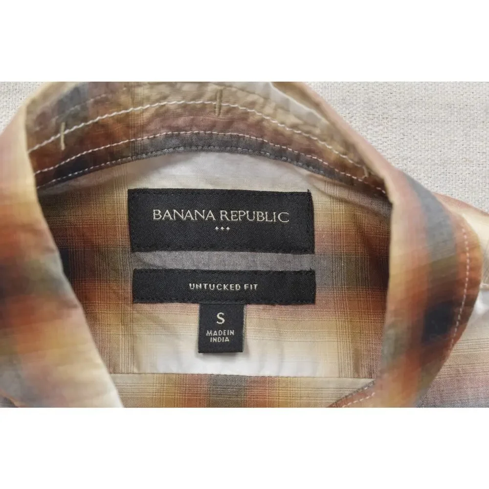 Banana Republic Shirt Mens Small S Untucked Fit Plaid Long Sleeve Cotton Brown